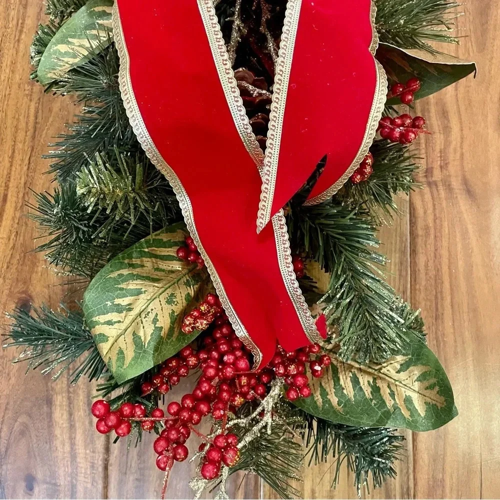 Vintage Artificial Pine Christmas Teardrop Swag with Pine Cones And Ribbon Bow.